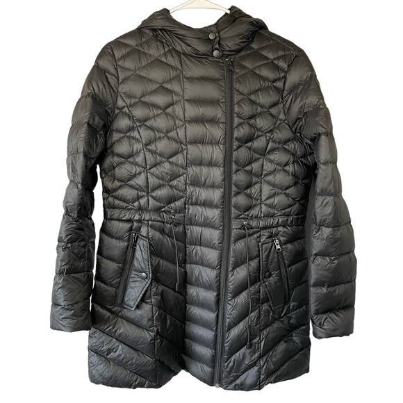 Halogen Black Puffer Coat M Hooded Down Filled Faux Pocket Waist Cinch Full Zip - Picture 1 of 7